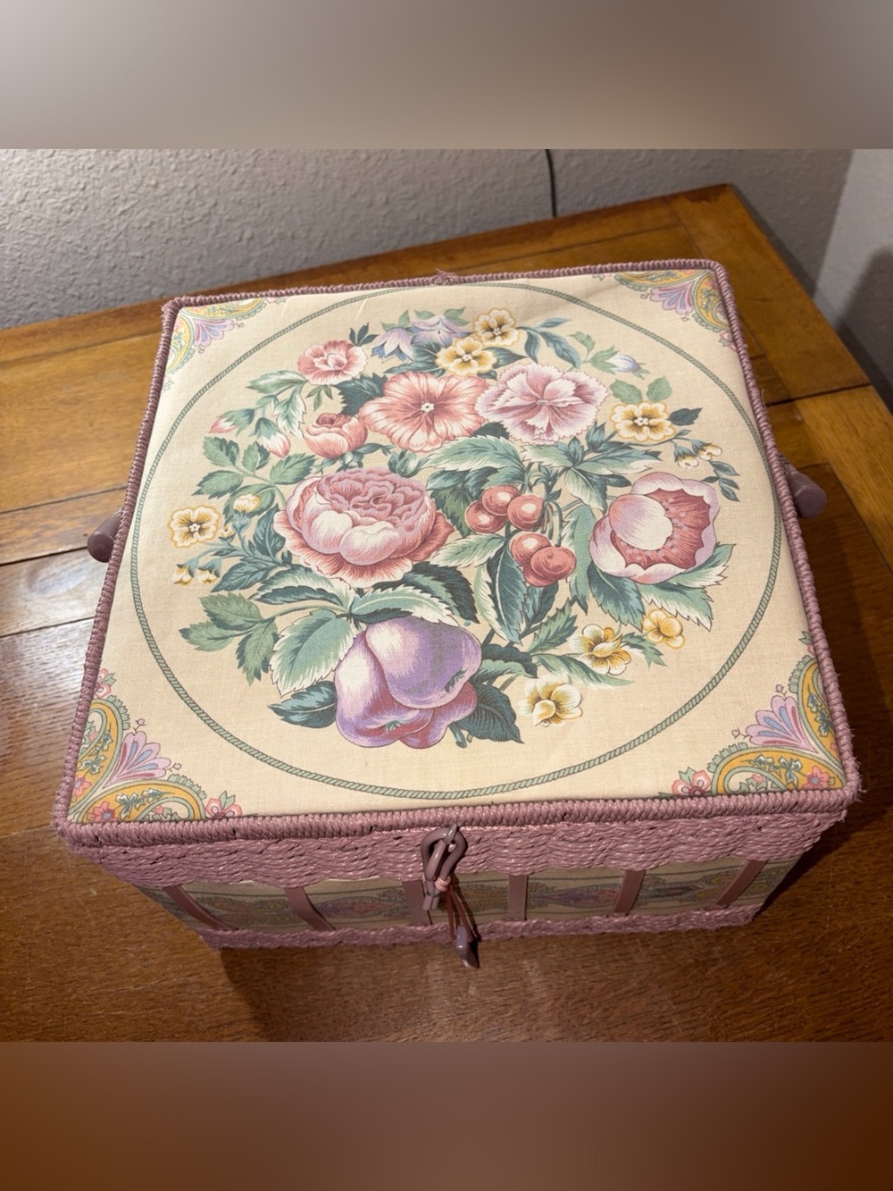 AZAR Vintage Woven Wicker Sewing Basket Box Floral Print Fabric pink purple